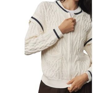 Anthropologie Cable Knit Bomber Sweater Cardigan Navy Accents Preppy Nautical